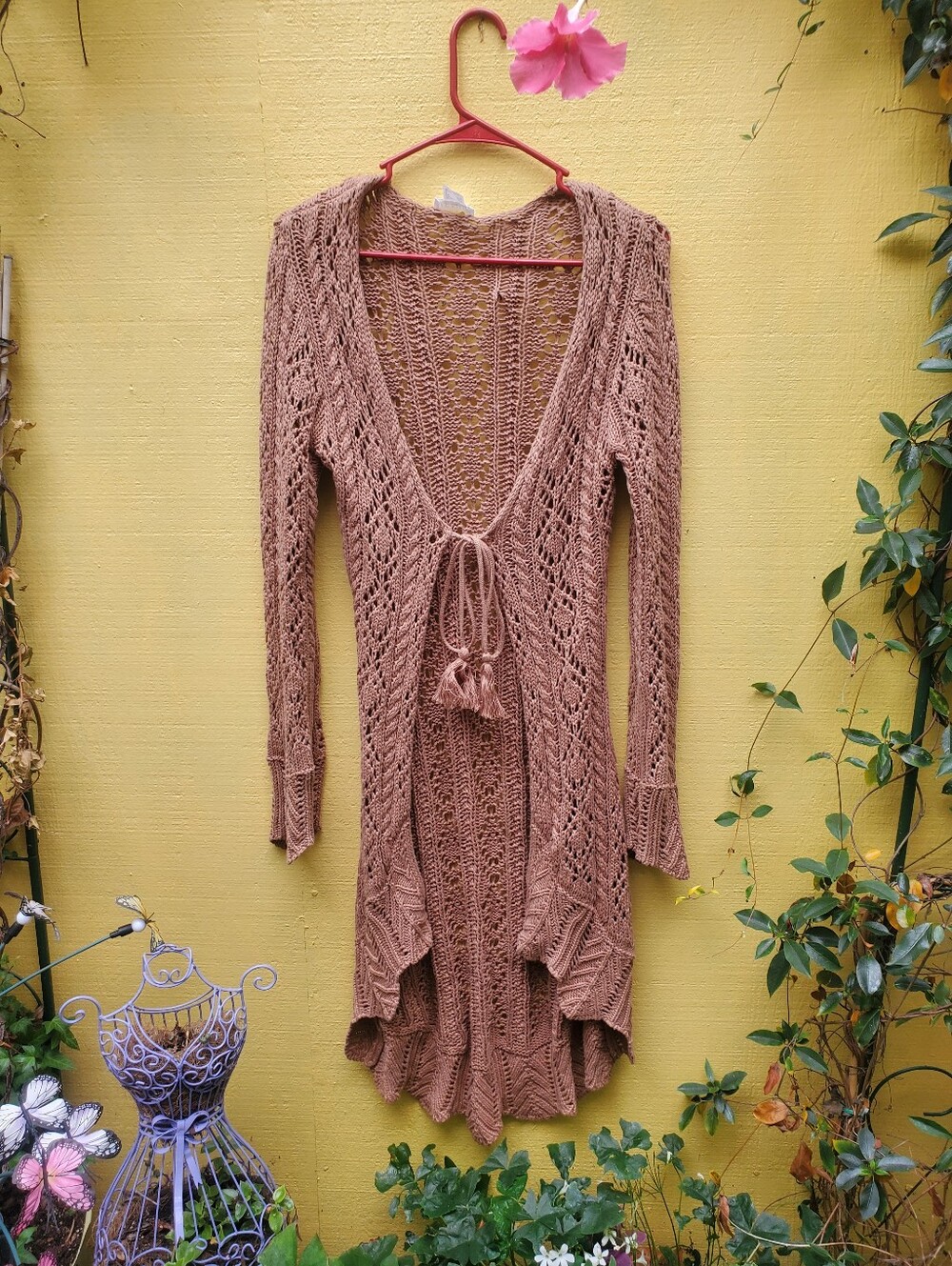 VENUS Open-Knit Tie-Front Longline Cardigan - Taupe